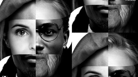 People in different ages and ethnic backgrounds in a black and white image.
