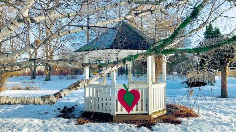 A gazebo decorated with a winter heart in an arboretum during the winter season.