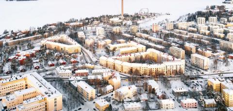 Parts of the city districts Amuri and Särkänniemi in winter from bird&#039;s eye view.