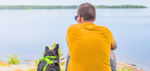 Mies istuu järven rannalla selin kameraan ja katsoo aavaa järvimaisemaa. Hänen vieressään istuu pieni koira.