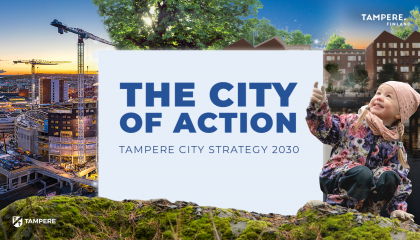 The picture represents the cover of Tampere City Strategy 2030. In the picture, there is a smiling child sitting on green moss, pointing upwards. At the child´s background, there is a nightly view to Tampere city centrum.