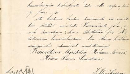 Vanha asiakirja, jossa on kaunokirjoitusta ja ihmisten allekirjoituksia.