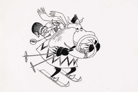 Tove Janssonin piirros mäkeä laskevasta muumihahmosta, joka soittaa torvea.