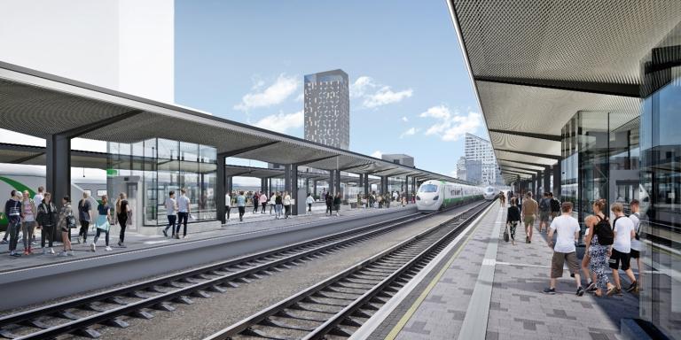 Havainnekuva rautatieasemalta Tampereen henkilöratapiha -hankkeen valmistuttua. Laitureilla näkyy uudet katokset.