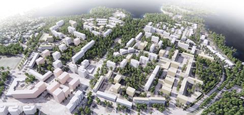 Kuvassa maisemaa ja valkoisia talojen hahmoja metsän keskellä.