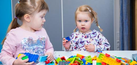 Two children are playing with Lego bricks.