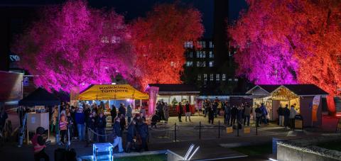 Brightly lit trees and a crowd are present at an outdoor event. Stalls are set up.