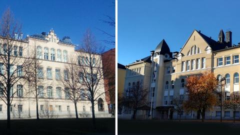 Kaksi kuvaa isoista vanhoista kivisistä koulurakennuksista.