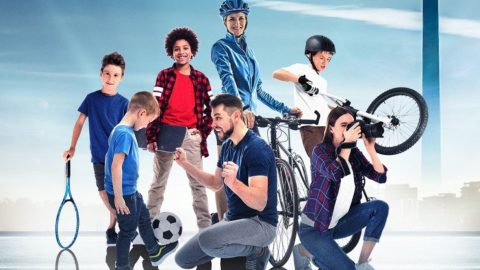 Young people and adults with different sports equipment.