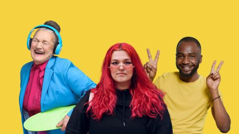 Three people on a yellow background.