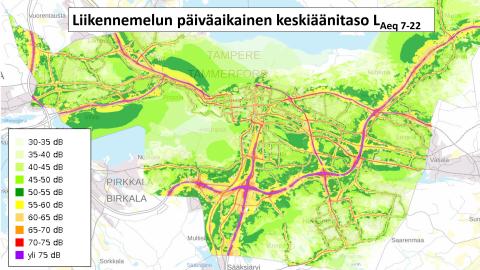 Liikennemelun päiväaikainen keskiäänitaso Tampereella karttakuvassa.