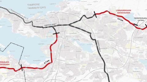 Linnainmaan ja Pirkkalan suunnan raitiotiereitit kartalla punaisella.