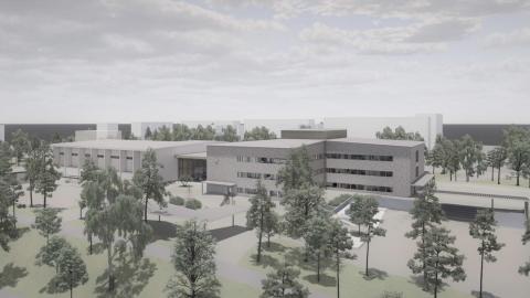 Havainnekuva uudesta Ahvenisjärven koulun rakennuksesta ilmasta katsottuna.
