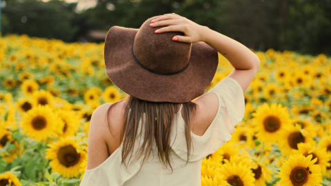 Nuori nainen seisoo selin kameraan keskellä auringonkukkapeltoa. Hänellä on suuri ruskea hattu josta hän pitää kiinni.