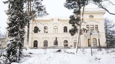 Valkoinen iso rakennus Näsilinna Tampereen Näsipuistossa vanhojen honkien keskellä lumisessa maisemassa.