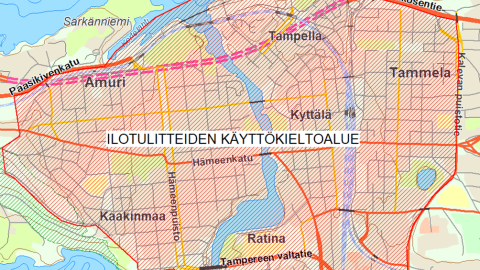 Ilotulitteiden käyttökieltoalue Tampereen ydinkeskustassa.