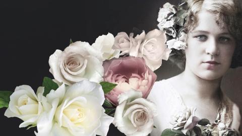 Kuvassa erivärisä ruusuja sekä vanhanaikainen valokuva morsiammesta.