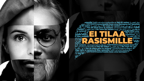 Rasisminvastaisen viikon kampanjailmeen mukainen mustavalkokuva kasvoista mosaiikkina, teksti &quot;Ei tilaa rasismille&quot;.