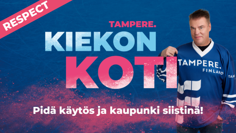 Respect Tampere Kiekon koti. Pidä käytös ja kaupunki siistinä! Raimo &quot;Raipe&quot; Helminen hymyilee Tampere Finland pelipaita yllään.