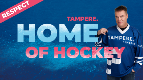 Respect Tampere the Home of Hockey. Former professional hockey player Raimo &quot;Raipe&quot; Helminen smiles for the camera wearing a Tampere Finland jersey.