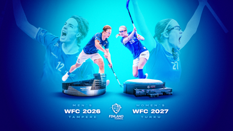 Two people holding basketball sticks are projected larger on a blue background.