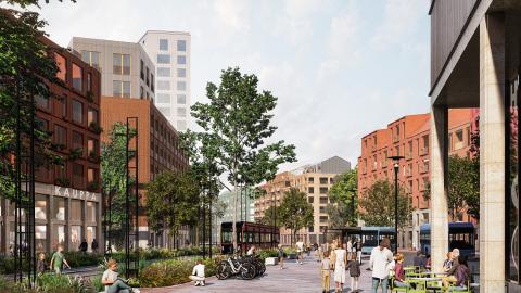 Kuvassa rakennuksia, ihmisiä ja raitiovaunu. Hahmotelma Hiedanrannan vision mukaisesta rakentamisesta.