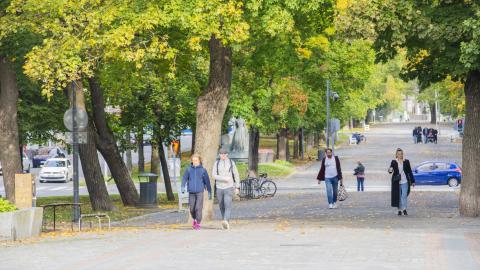 Kävelijöitä syskyisessä Hämeenpuistossa, pyörä telineessä, autoja taustalla.