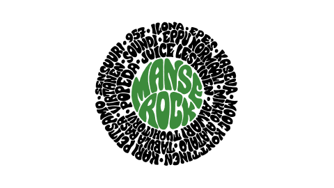 Vinyylilevyn muotoisesti mustalla kirjoituksella Manserock-bändien nimiä. Keskellä vihreällä teksti Manserock.