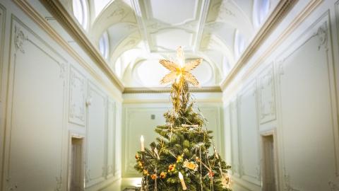 Sisällä valoisassa aulassa joulukuusi, jonka latvassa on tähti. Kuusessa on koristeita ja valot.