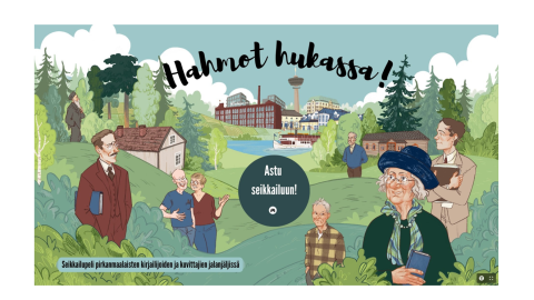 Hahmot hukassa! -pakopelin aloituskuva, jossa pirkanmaalaisia kirjailijoita ja kuvittajia seisoo maisemassa, jonka taustalla näkyy maaseutumaista luontoa ja Tampereen kaupungin siluetti. 