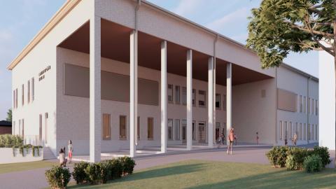 Lamminpään uuden kolmikerroksisen koulurakennuksen suunnittelukuvassa sisäänkäynnin edustalla on pylväikkörivistö.