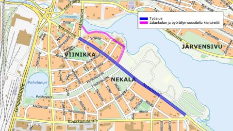 Nekalantien uudistettava osuus Lokintaipaleelta Viinikanpuistoon ja Rantaraitin kierto kartalla