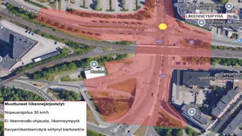 Viinikankadun työmaa-alue ja työnaikainen liikenneympyrä kartalla.