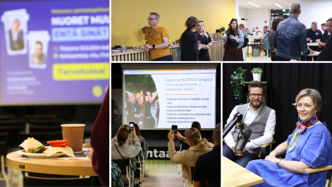 Kuvakollaasi Nuoret muuttuu entä sinä? -tapahtumasta. Kuvassa näkyy aamupala, ihmisiä odottamassa tilaisuuden alkua Kohtaamisia.-tilassa, yleisö ottamassa valokuvia diaesityksestä sekä esiintyjät Marjaana Herlevi ja Pasi Rautio.