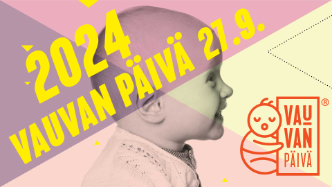 Hymyilevän vauvan sivuprofiili. Teksti. 2024 Vauvan päivä 27.9.