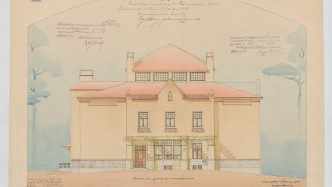 Rakennuspiirustus kolmikerroksisesta rakennuksesta. Kuvassa on myös tekstiä.