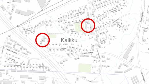 Karttakuva, jossa merkitty Kalkun koulun ja päiväkodin nykyiset sijainnit