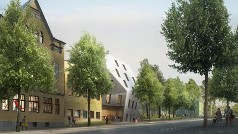 Havainnekuvassa katupuita ja rakennuksia, uudisrakennus.