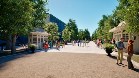 Hämeenpuiston keskusaukion havainnekuva yleissuunnitelman mallista, jossa on paviljongit Hämeenpuistossa.