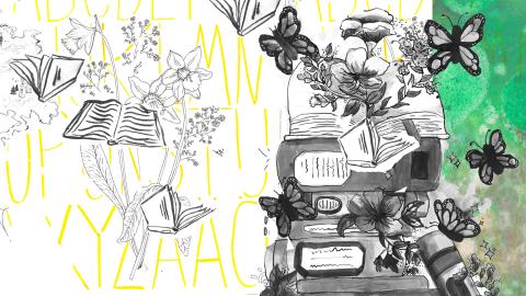 Kuvakollaasi, jossa on kirjoja, kukkia ja perhosia. Kuvataidetyö.