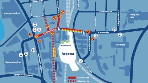 Map of the changed traffic arrangements around Nokia Arena.