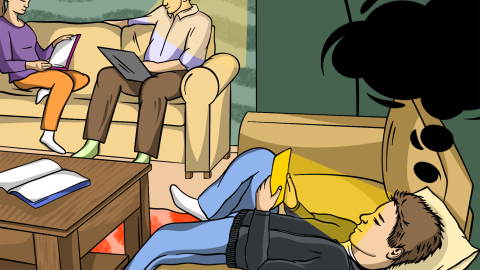 Piirroskuva, jossa kolme eri-ikäistä henkilöä istuvat sohvilla ja ovat tietokoneillaan..