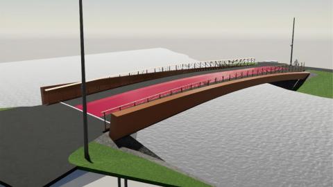 Punaisen sävyinen silta kahden vihreän rannan välissä.