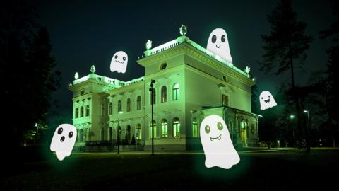 Piirroskummituksia leijuu Museo Milavidan rakennuksen yllä ja ympärillä. 