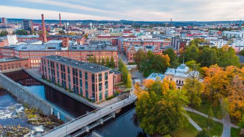 Aerial view of Tammerkoski and the buildings around it in the Finlayson area of Tampere.