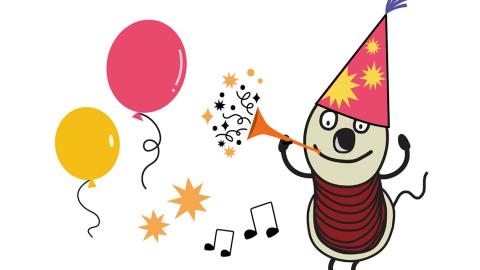 Piirretty kuva, jossa Lankarulla-hahmo juhlahattu päässään soittaa torvea ilmapallojen keskellä.