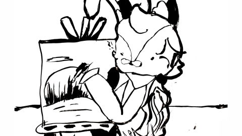 Mustepiirros, jossa pupu maalaa taulua.