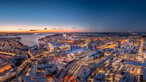 Ilmakuvassa Tampereen keskustaa ja Nokia Arena