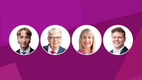 On a fuchsia background are four white balls with the faces of the mayor, the chair of the city council and two deputy mayors.