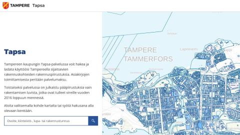 Tapsa-myyntipalvelun etusivu, jossa näkyy Tampereen kartta.